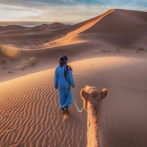 Two Muslim men dressed in blue robes wearing headscarves walking through the sand dunes of the Sahara Desert, leading a camel at sunrise, with golden light and lens flare.