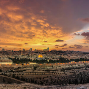Panoramic sunset view of Jerusalem Old City, City of David and Temple Mount from the Mount of Olives