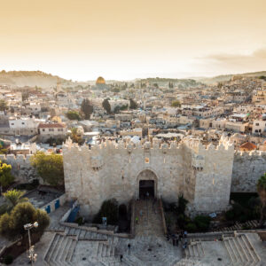 Skyline of the Old City in Jerusalem with Damascus Gate, Israel. Middle east