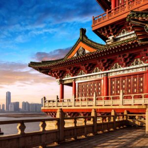 Dusk Chinese ancient buildings under the sky background (Nanchang Poetic)