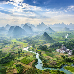 Landscape of Guilin, Li River and Karst mountains. Located near Yangshuo County, Guilin City, Guangxi Province, China.