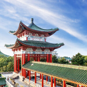 Blue sky and white clouds, ancient Chinese architecture: garden.