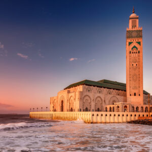 The Hassan II Mosque  largest mosque in Morocco. Shot  after sunset at blue hour in Casablanca.