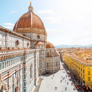 Top cityscape view on the dome of Santa Maria del Fiore church and old town in Florence
