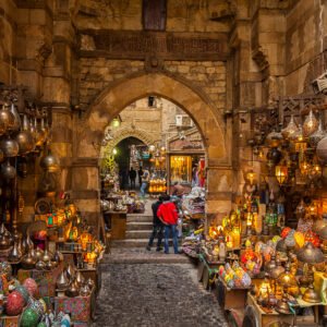 Cairo, Egypt - Feb 19 2018: Lamp or Lantern Shop in the Khan El Khalili market in Islamic Cairo