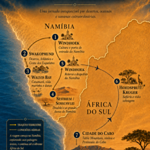 mapa viagem para Namibia e África do Sul